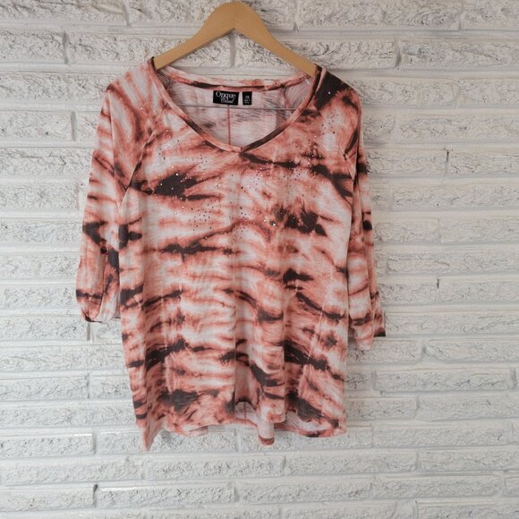 Onque Casual Womens Top 3X Plus Tee 3/4 Sleeve Pink Black Tie Dye Studded TIE2XE - Picture 1 of 8